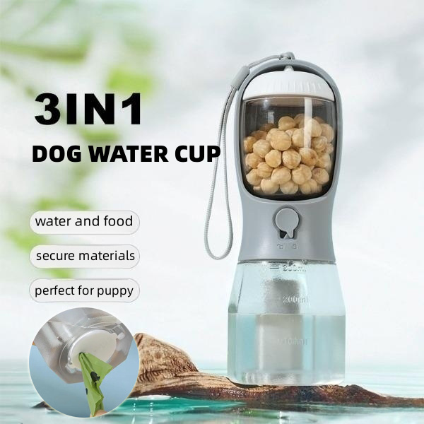 3-in-1 Portable Dog Water Bottle with Food Container & Poop Bag Holder