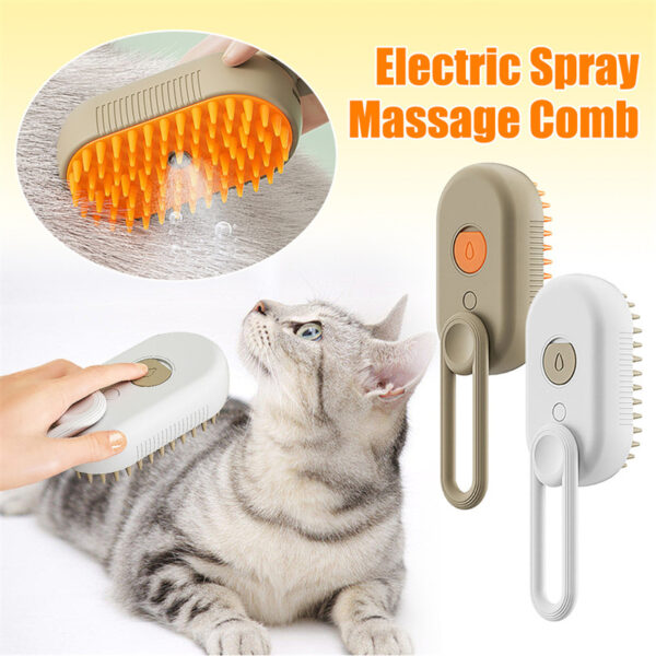 Escova elétrica a vapor 3 em 1 para animais de estimação: pulveriza água, massaja e remove pelos de cães e gatos.